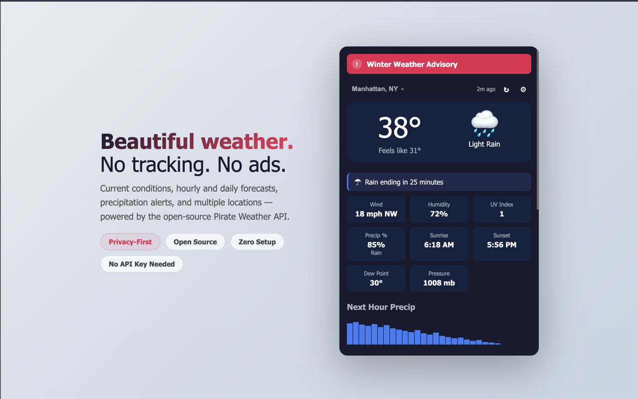 Pirate Weather Extension showing current conditions and 7-day forecast